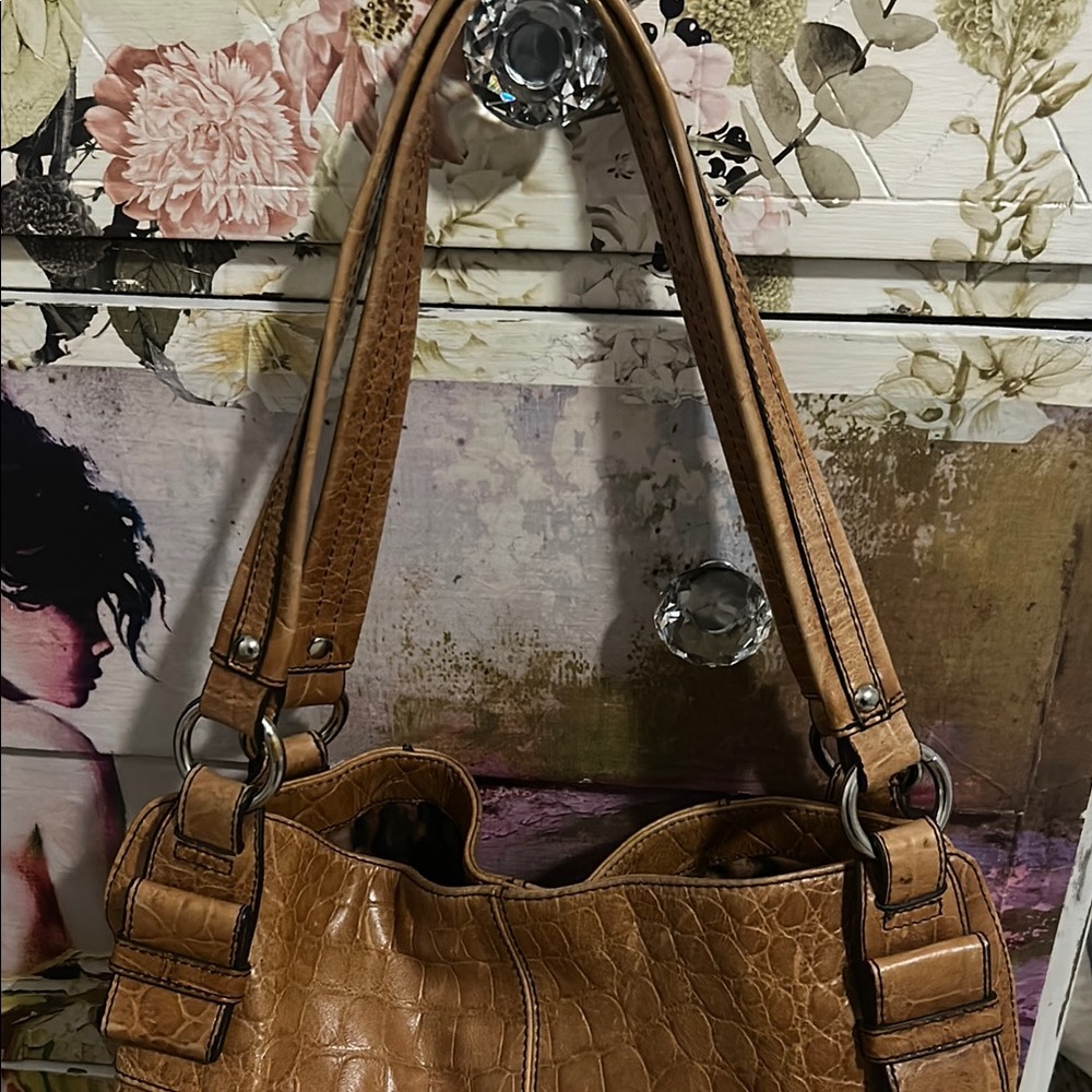 B. Makowsky Tan Shoulder Bag with Distressed Leather and Double Straps - Picture 5 of 14